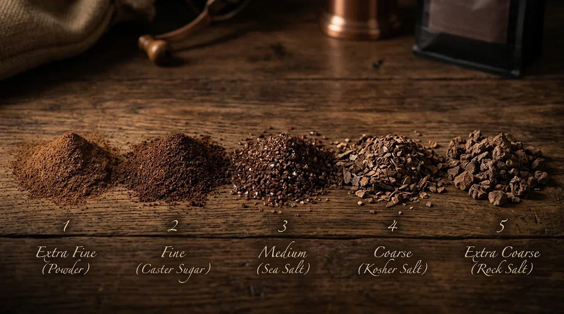Different coffee grind sizes displayed side by side from coarse to fine