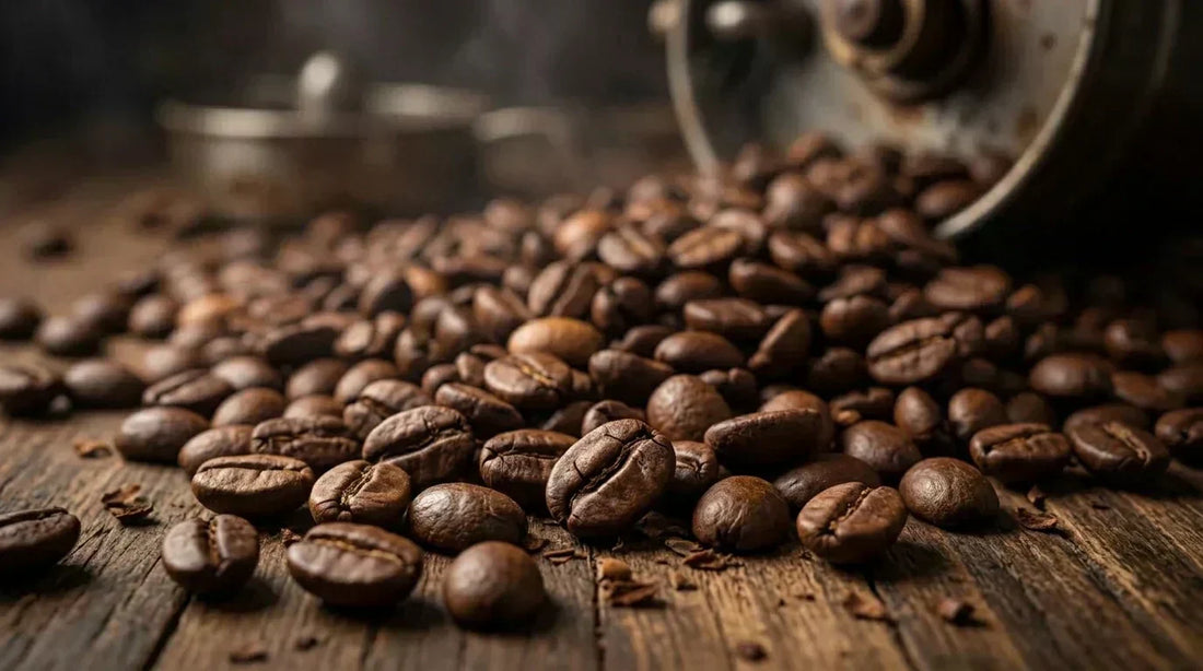 Freshly roasted coffee beans being poured from a roaster